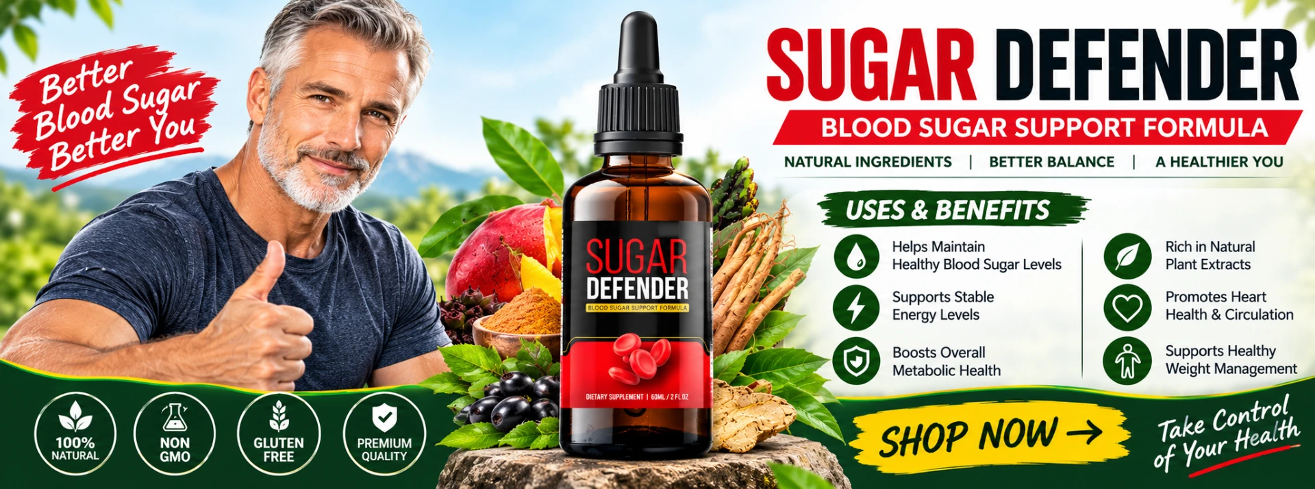 Sugar Defender blood sugar support formula with bottle and natural ingredients